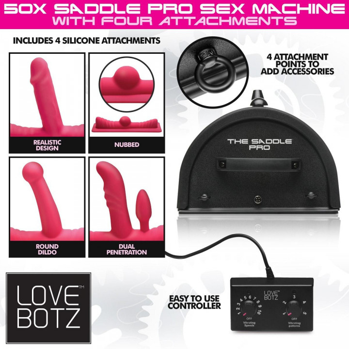 LOVE BOTZ - 50X Saddle Pro Sex Machine met 4 Opzetstukken - Zwart